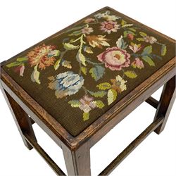 19th century country elm stool, rectangular form with drop-in seat upholstered in floral needlework, moulded frame and supports, united by plain stretchers 