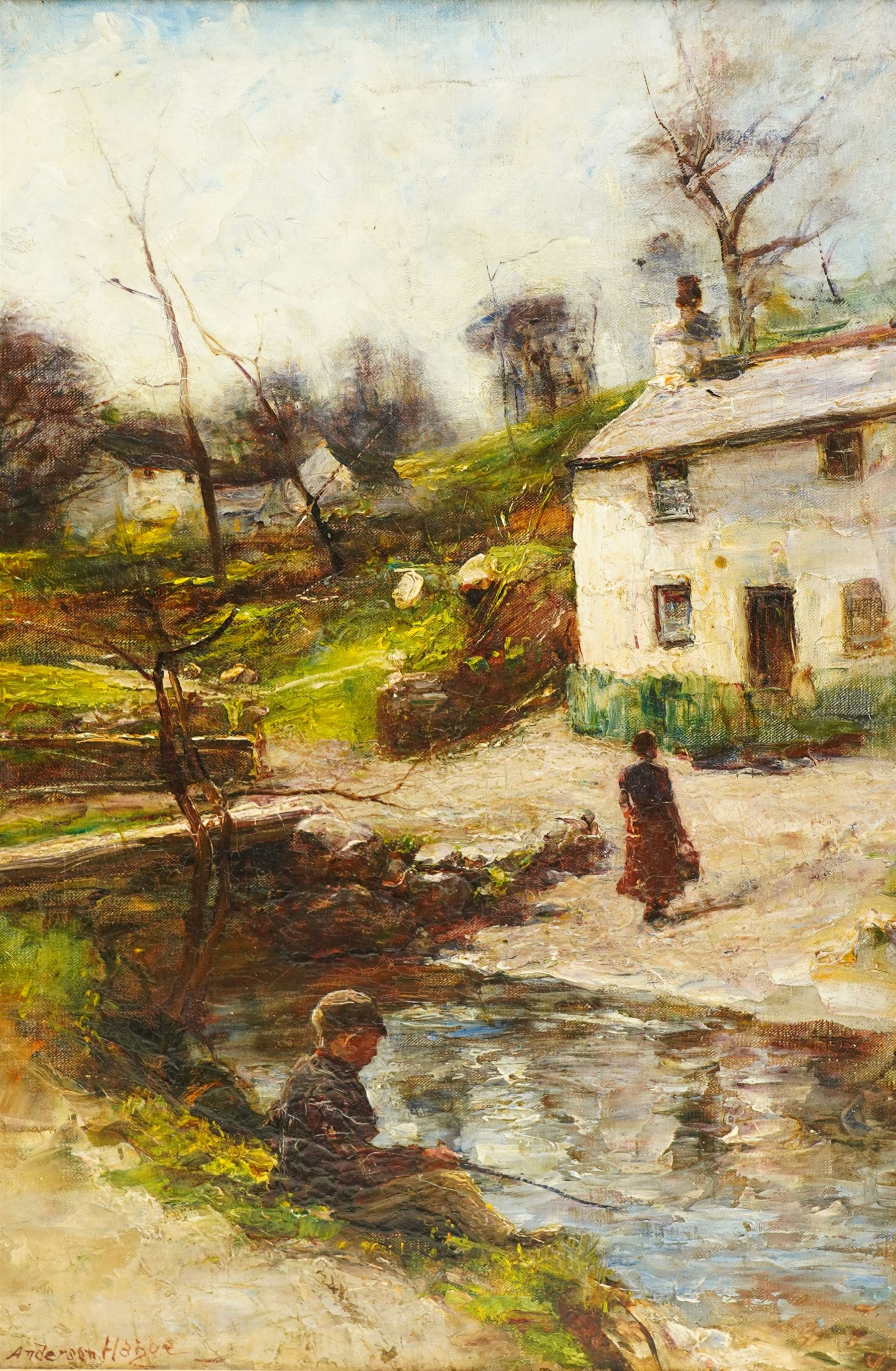 Joshua Anderson Hague (British 1850-1916): Boy Fishing in the Stream, oil on canvas signed 49cm x 34cm