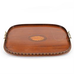 Edwardian mahogany tray, of rectangular form with inlaid shell decoration, chequered galle...