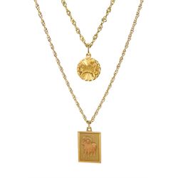 9ct gold Aries zodiac pendant necklace and one other 17ct gold Aries pendant, on 9ct gold chain