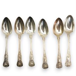 A matched set of 19th century silver Kings pattern cutlery comprising six table spoons, ten table forks, twelve dessert spoons, fish slice, pair of sauce ladles, ten teaspoons, six fish knives, seven silver handled knives, two salt spoons  and fifteen dessert forks, various dates and makers 