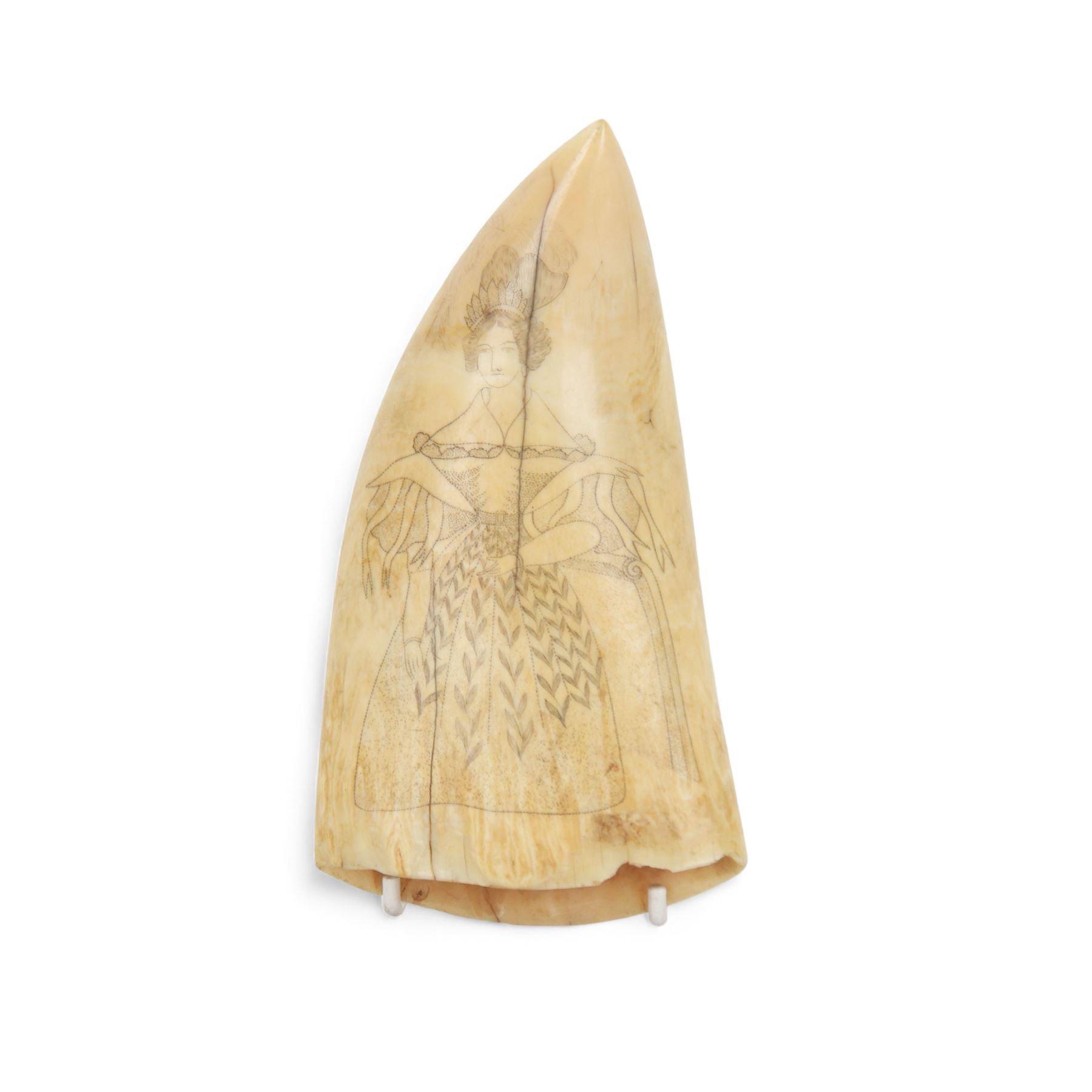 19th century scrimshaw whale tooth, depicting a woman in period dress, L17cm