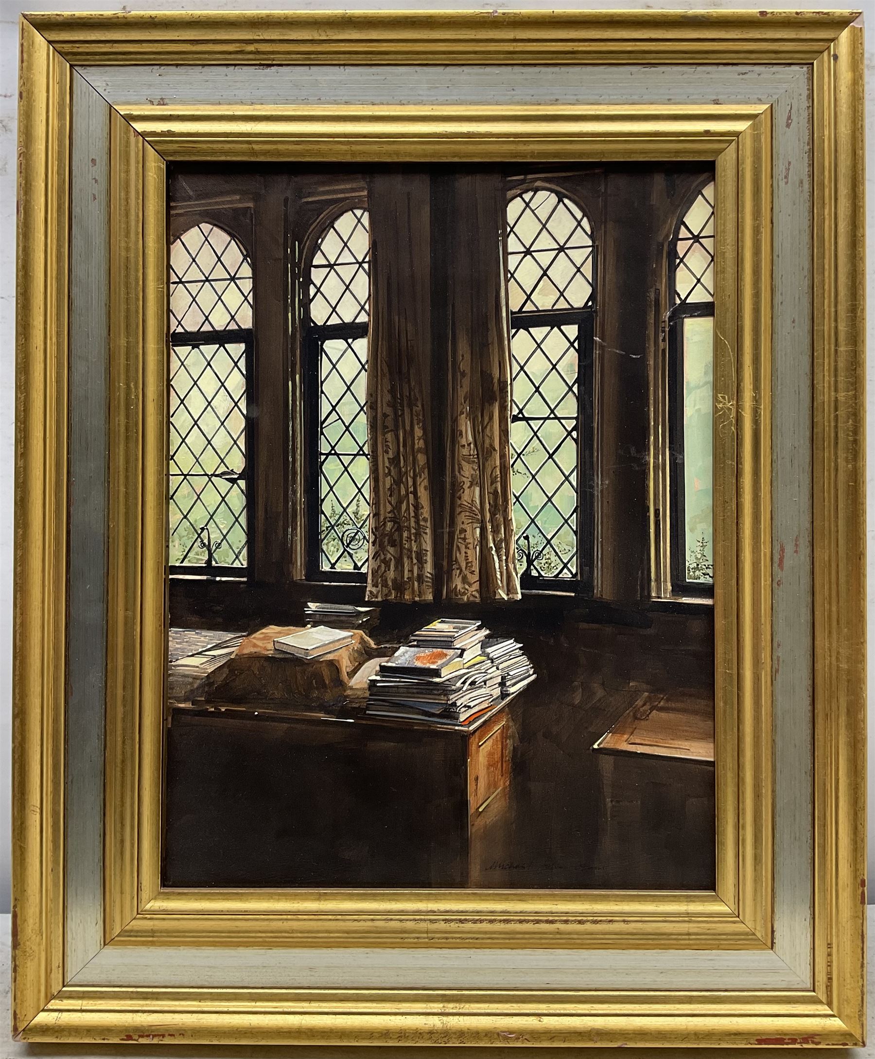 Michael John Hunt (British 1941-): The Study, oil on board signed 39cm x 29cm