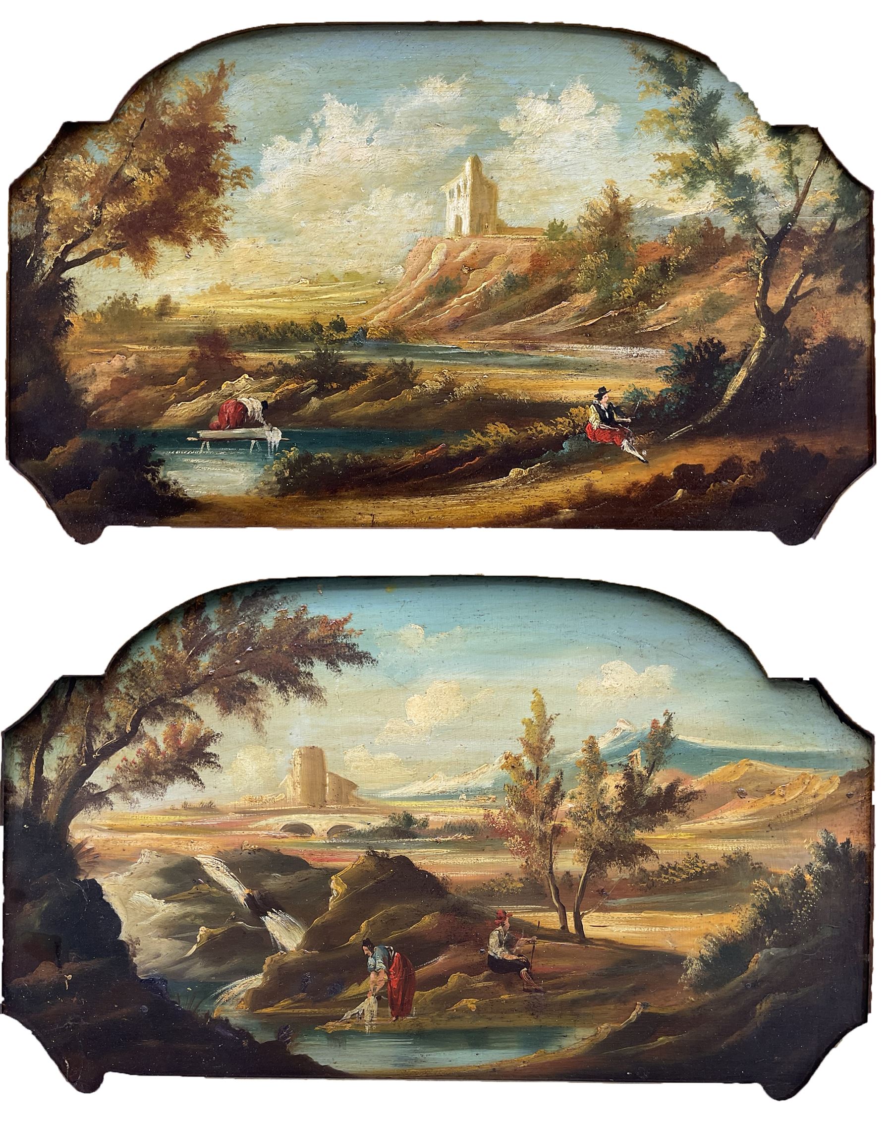 Continental School (19th century): Washerwomen in Capriccio Landscapes, pair oils on shaped panels unsigned 27cm x 46cm (2)