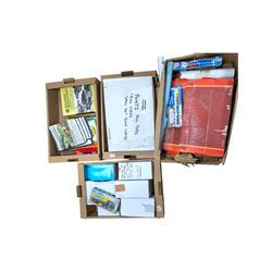 Collection of model railway building accessories, including turntable, paints, track, and railway reference books