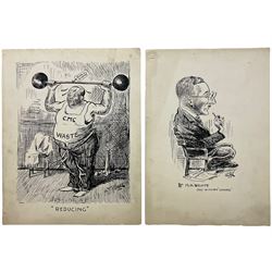 William O Norris (British 19th Century): Large folio of humorous pen and ink illustrations for Crittall Magazine and other original works to include various advertisement drafts for Eastern National and Marconis Wireless Telegraph Company, mostly dated '25, and a photograph of the artist at work, max 36cm x 46cm 