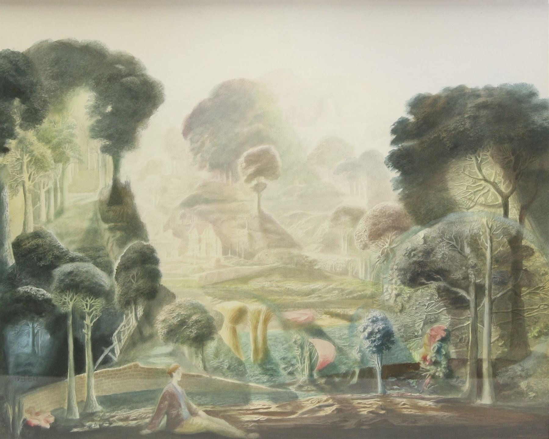 Harold Hitchcock (British 1914-2009): Ethereal Woodland Landscape with Figure, watercolour signed with monogram and dated 1967, 50cm x 62cm