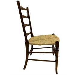Mid to late 20th century Italian side chair by Chiavari, stained beech, ladder back joined by collar turned upright supports, rush seat, turned supports joined by stretchers 
