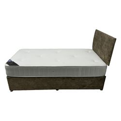 Single size divan bed, upholstered in light gold fabric with high padded headboard; with Beauty Sleep 'Knightsbridge' 13.5 Gauge Bonnell sprung mattress (190 x 95 x 23cm)