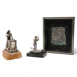 Isaac Jeheskel - Filled silver figure 'Blessing of Seder' marked 925 Sterling on rockwork base H12cm, another religious figure of David playing his harp marked 15/950 and a plaque of Jerusalem marked 925