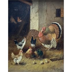 R Clauser (British early 20th century): Poultry in the Farmyard, pair oils on canvas signed, housed in ornate gilt frames 25cm x 20cm (2)