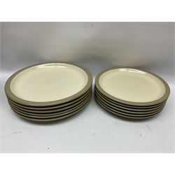 Denby tea and dinner wares, including bowls, jugs, tureens, side plates, dinner plates, serving dishes, cups and saucers, coffee pot, etc, all decorated with a green and brown mottled glaze, with printed marks beneath, in two boxes 