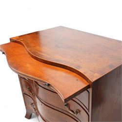 Georgian design yew wood serpentine chest, crossbanded top over brushing slide and four graduating cock-beaded drawers, brass swan neck handles and circular plates, shaped apron with splayed bracket feet 