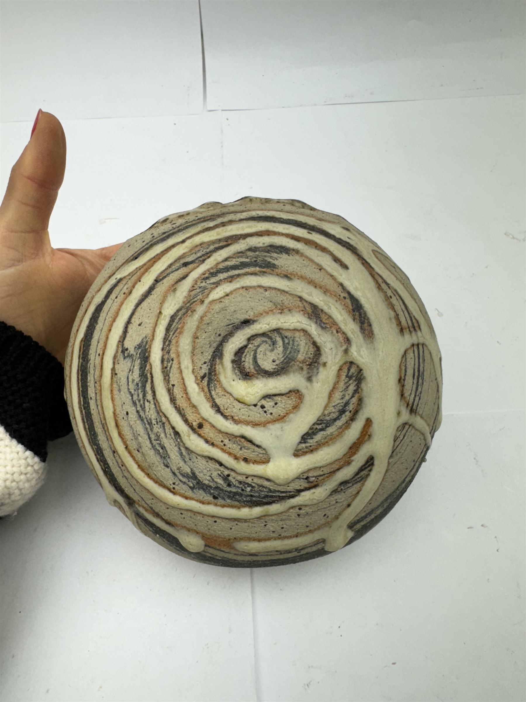 Studio pottery, including John Davey bowl, with blue, white and brown decoration, a Culloden vase, of circular form with sgrafitto decoration, a circular vase with painted swirl decoration, marked Dunn, two large bowls and a rectangular vase with applied decoration, tallest vase H27cm