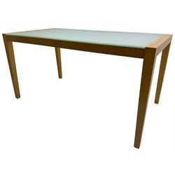 Contemporary beech framed dining table, rectangular frosted glass top on beech frame, square tapering supports