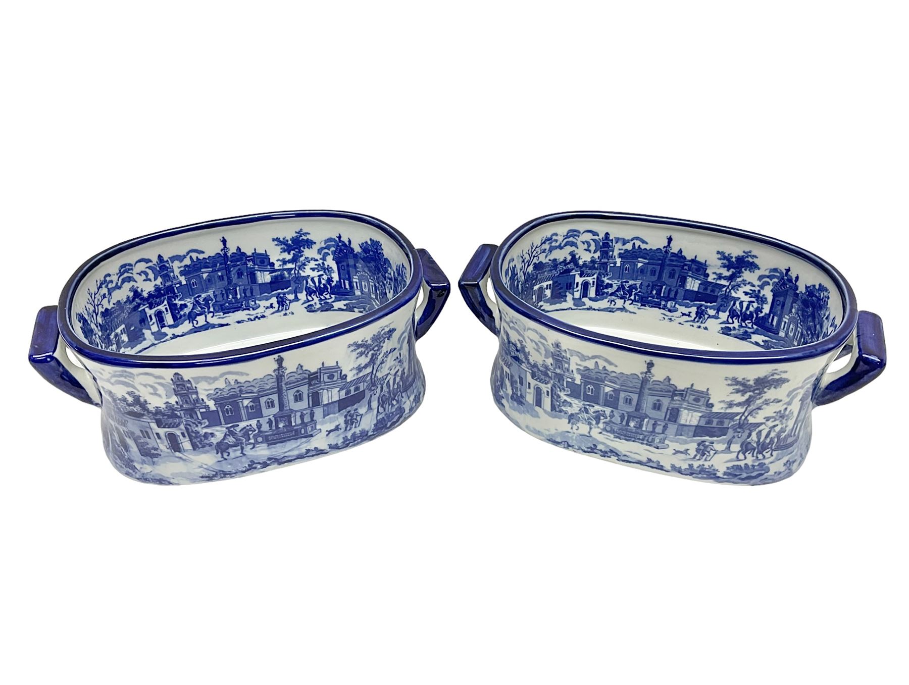 Pair of Victorian style, blue and white footbaths, H14cm, L37cm
