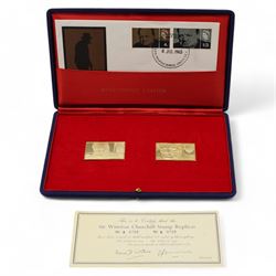 'Sir Winston Churchill Stamp Replicas' set of two hallmarked eighteen carat gold stamp replica ingots, total weight approximately 40.3 grams, cased with certificate and commemorative stamp cover