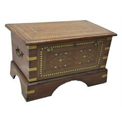 20th century mahogany chest, rectangular hinged top enclosing removable compartments with carved starburst motifs with linear and geometric patterns, brass inlay to the top and front, mounted corners and edges, on bracket base