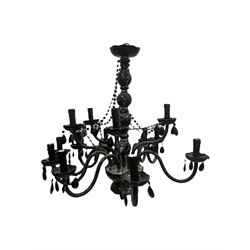 Two classical black glass fourteen branch chandeliers