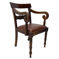 Set of six (4+2) early 19th century mahogany dining chairs, figured bar back over rose and curled leaf carved middle rail, drop-in seats upholstered in brown fabric, on turned front supports 