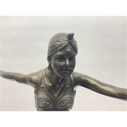 Art Deco style bronze, after Philipp, modelled as a dancer with her arms outstretched and one leg raised, on a veined marble tapering base signed Philipp and with foundry seal, H58cm