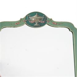 Edwardian Adam Revival green-painted and parcel gilt cheval mirror, shaped pediment painted with urn and flower head festoons, turned supports with carved finials decorated with acanthus leaves and draped festoons, on out splayed supports with spade feet and brass castors 