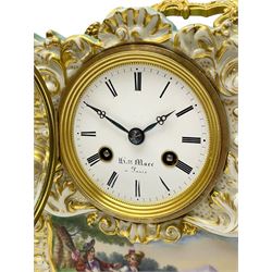 Continental - early 19th century porcelain mantle clock with a French eight-day movement, rectangular case with raised gilt rococo decoration and carrying handle, hand painted panel to the front portraying a picturesque lakeside scene and two figures in 18th century dress, contrasting light green background with raised gold decoration to the sides and a depiction of flying birds within a scrollwork cartouche, white enamel dial with a cast brass bezel, Roman numerals, minute track and steel trefoil hands, dial inscribed Henry Marc, count wheel striking movement with a silk suspension, striking the hours and half hours on a bell. 

