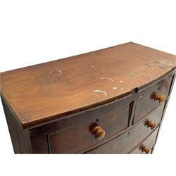 Victorian mahogany bow-front chest, fitted with two short and three long drawers, on turned feet