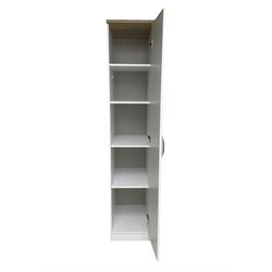 Oak and white finish tall narrow single wardrobe, fitted with shelves