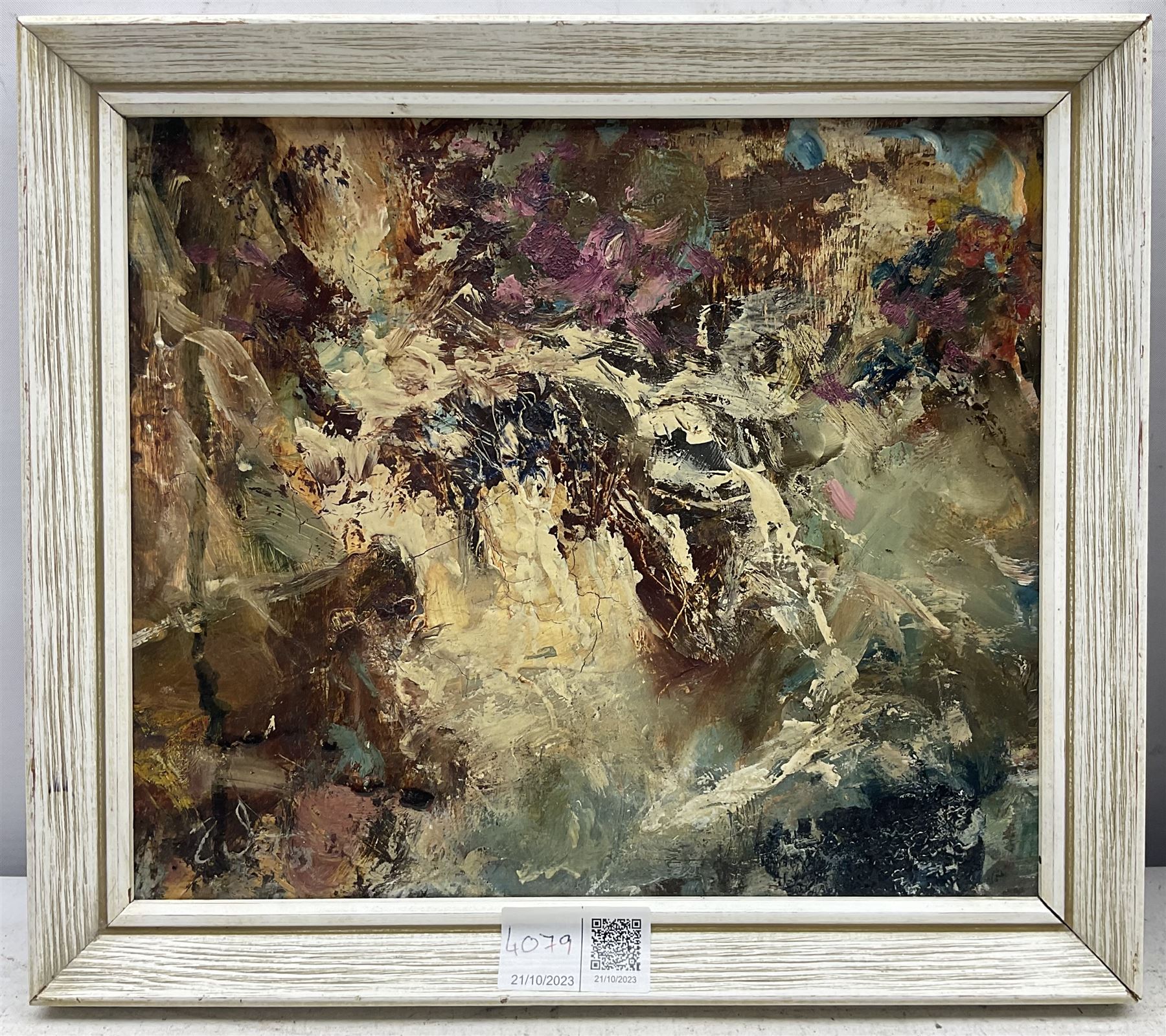 Watt (British 20th century): 'Hill Burn in Spate' and 'Cascades', pair impasto oils on board signed and dated 1984, max 23cm x 29cm (2)