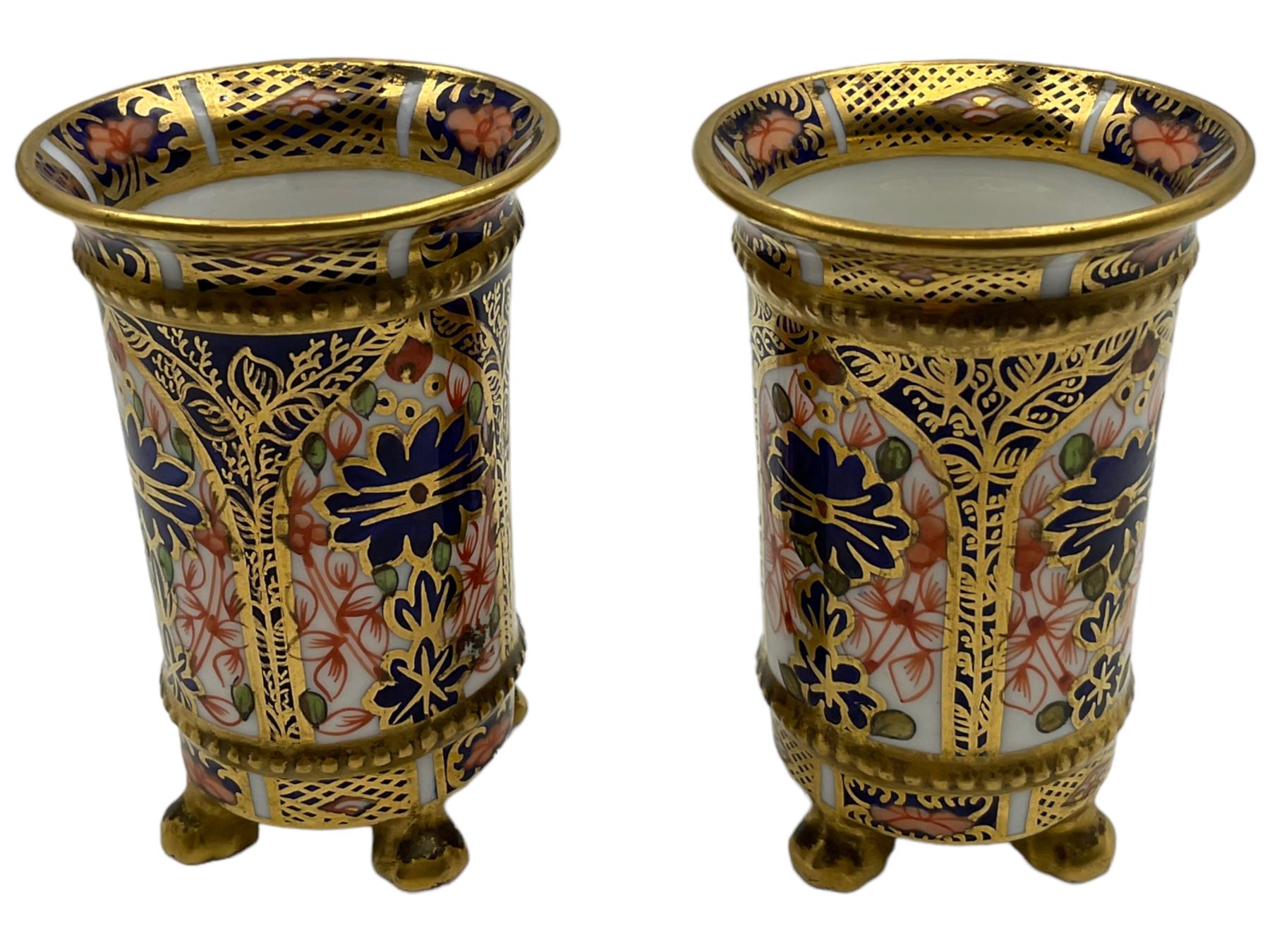 Pair of Royal Crown Derby 1128 Imari pattern miniature spill vases, H7cm