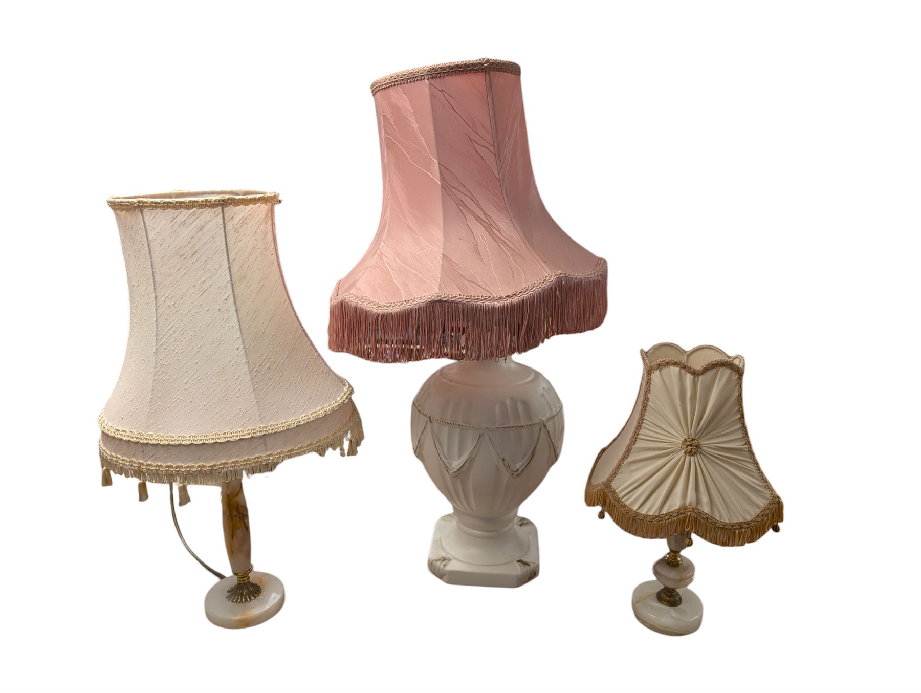 Two onyx lamps, together with another ceramic lamp, all with fabric shades, tallest without shade H68cm