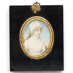 Attrib. Henry Edridge (British 1768-1821): Portrait of an Older Lady 'Mary Hamilton' (British 1756-1816) Wearing a White Bonnet and Dress, miniature watercolor on ivory inscribed and dated 1795, 8cm x 6cm. This item has been registered for sale under Section 10 of the APHA Ivory Act