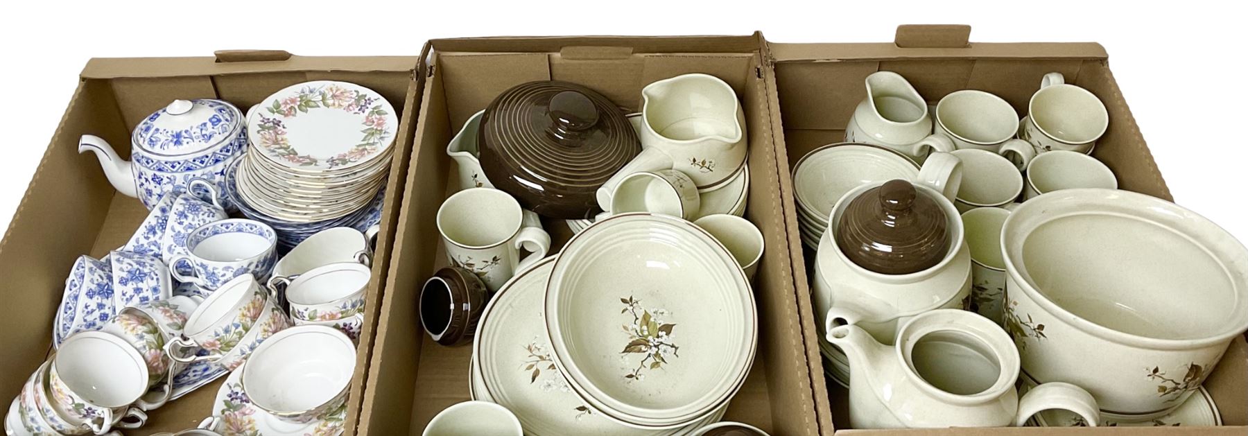 Minton Shalimar pattern tea wares, including teapot, cake plates, cups, saucers and larger plate, together with Paragon Country Lane pattern teawares and Royal Doulton Wild Cherry pattern tea and dinner wares, in three boxes 