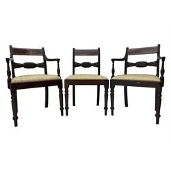 Georgian design set of six (6+2) mahogany dining chairs, the bar cresting rail inlaid with figured mahogany panel, shaped twist lobe carved middle rail with extending stylised leaf decoration, upholstered drop-in seat, on turned front supports 