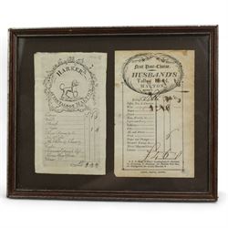 Two George IIII receipts one headed 'Husband's Talbot Hotel, Malton' and the other 'Harker at the Talbot Hotel, Malton', framed as one, 19th century print of The Green Man, 19th century photograph of an army officer and two other items