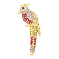 14ct gold gemstone set cockatoo bird brooch, set throughout with round cut coloured spinel...