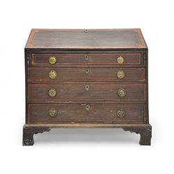 Georgian mahogany bureau, with satinwood crossbanding, inlaid boxwood motifs and stringing...