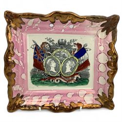 Three Victorian Sunderland lustre wall plaques, each with transfer printed decoration, comprising 'That I could my Lord receive, Who did the world redeem', 'May They Ever Be United' celebrating relations between Britain and France, by Dixon & Co. and another decorated in the Waverley pattern by S. Moore, L22cm max (3)