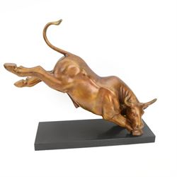 Large copper and pewter model of a bull on a rectangular plinth, H60cm 