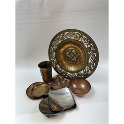 Keswick School of Industrial Arts, flared vase of cylindrical form, together with an Arts and Crafts plated copper, an embossed tray, copper dishes and charger 