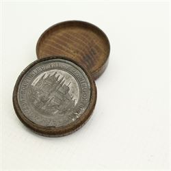 Selby Abbey 1907 souvenir lead medallion, in turned oak case, together with an Irish shillelagh club, L64cm 