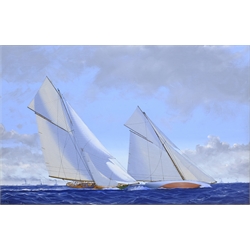James Miller (British 1962-): 'Shamrock II' & 'Columbia' in the America's Cup Series 11th challenge 1901, oil on canvas signed, titled verso 29cm x 45cm