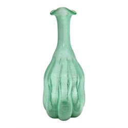 Murano green glass vase in the style of Barovier and Torso, the crackle design styled as a gourd with a fluted rim, H32cm