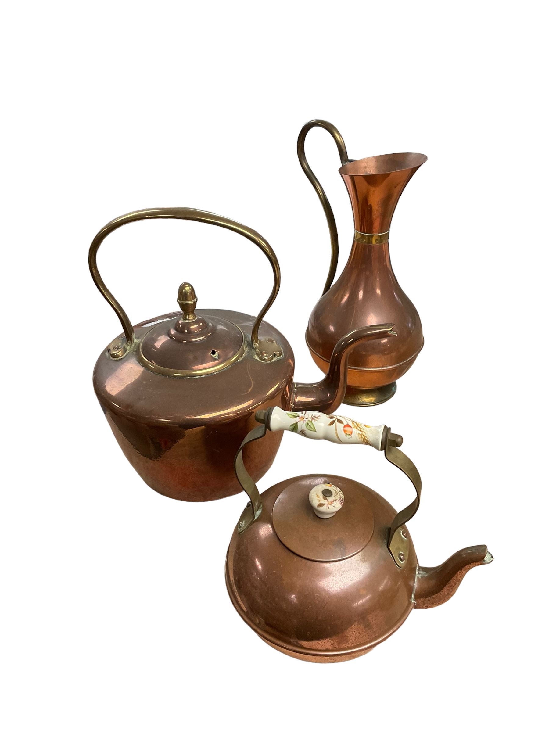 Brass spirit kettle, together with copper kettle, camel stool etc