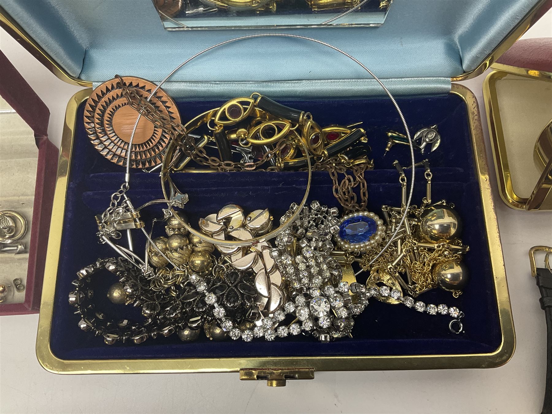 Costume jewellery including earrings, cufflinks, bracelets and necklaces, etc, and five wristwatches