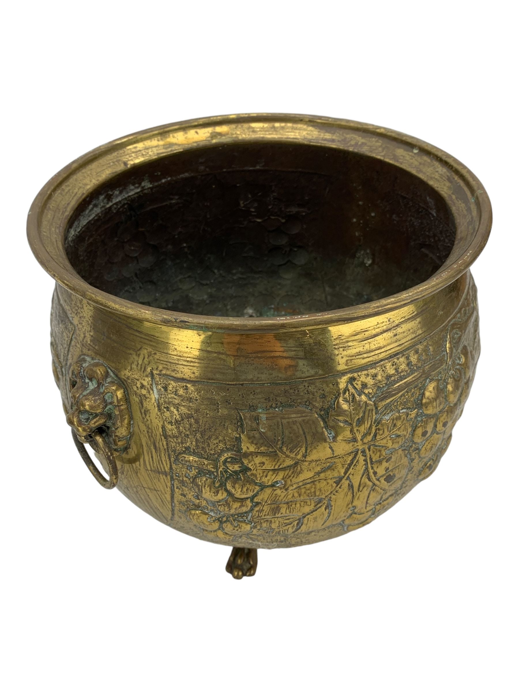 19th century copper coal scuttle, brass twin-handled planter, the bulbous body embossed with fruiting vines, H23cm (2)