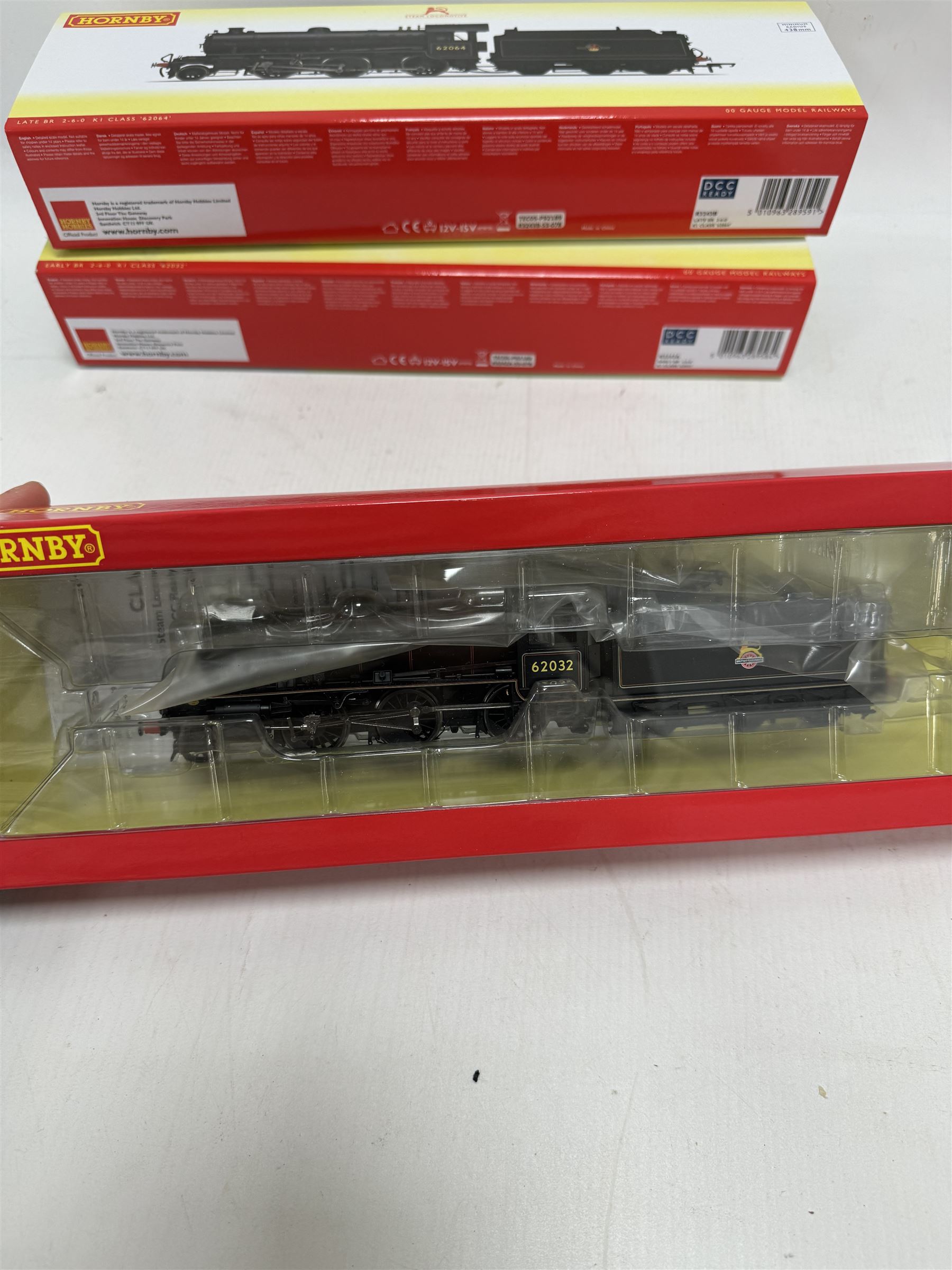 Two Hornby '00' gauge locomotives, comprising R3242A Early BR Class K1 2-6-0 locomotive no. 62032 and R3243B Late BR Class K1 2-6-0 locomotive no. 62064, both boxed