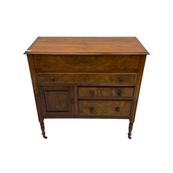 Edwardian walnut gentleman's tallboy, moulded hinged lid enclosing divisions, long drawer over two short drawers and panelled cupboard, turned supports terminating at ceramic castors