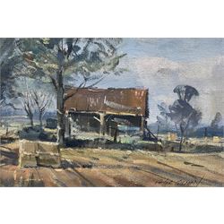 Peter Gilman (British 1928-1984): Dutch Barn - Suffolk, oil on canvas board signed 16.5cm x 24cm 